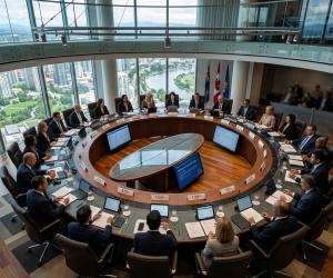 AI depiction of an aerial view of a governing board meeting in session.